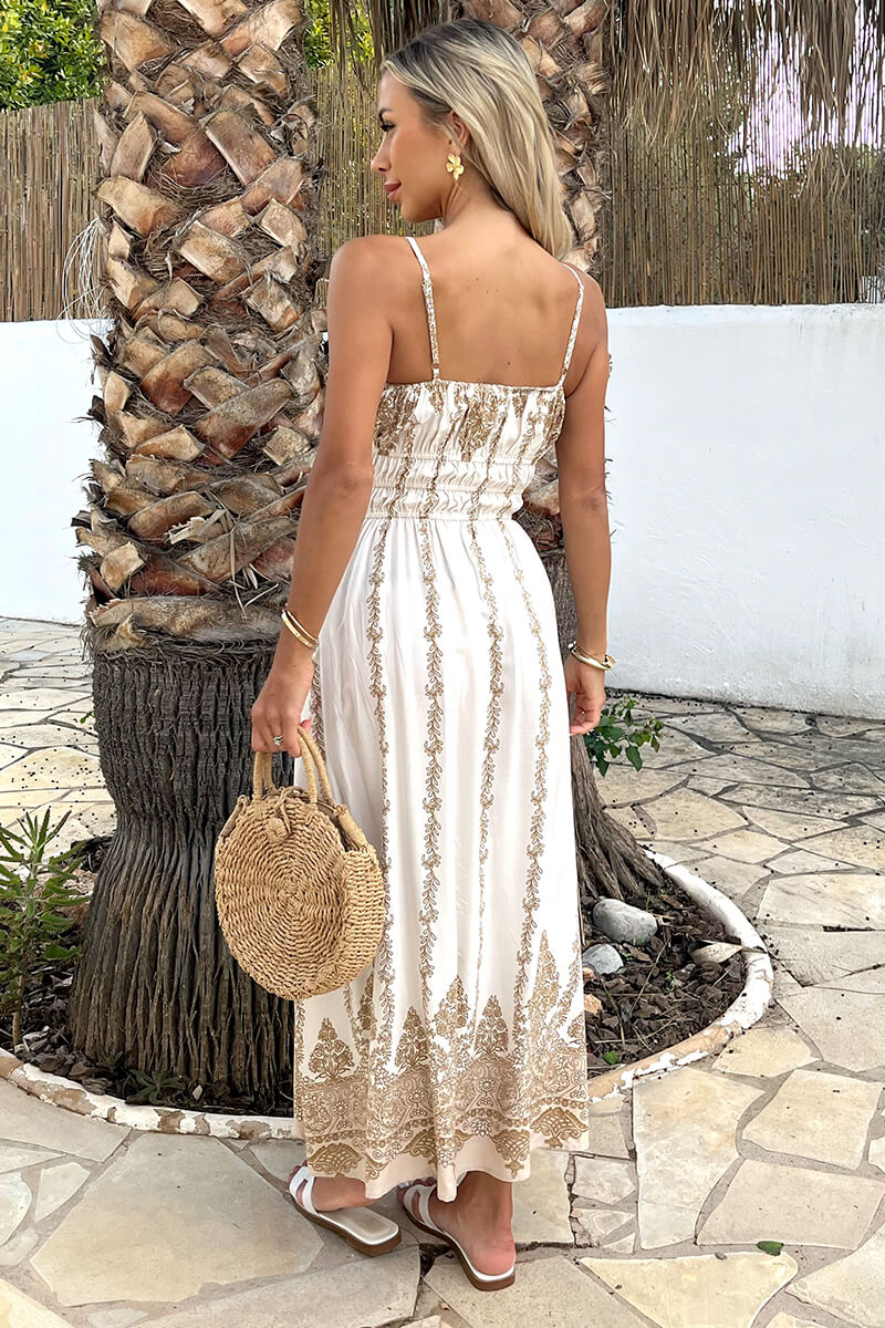 Cream Boho Vine Print Strappy Shirred Waist Midi Dress - Image 5
