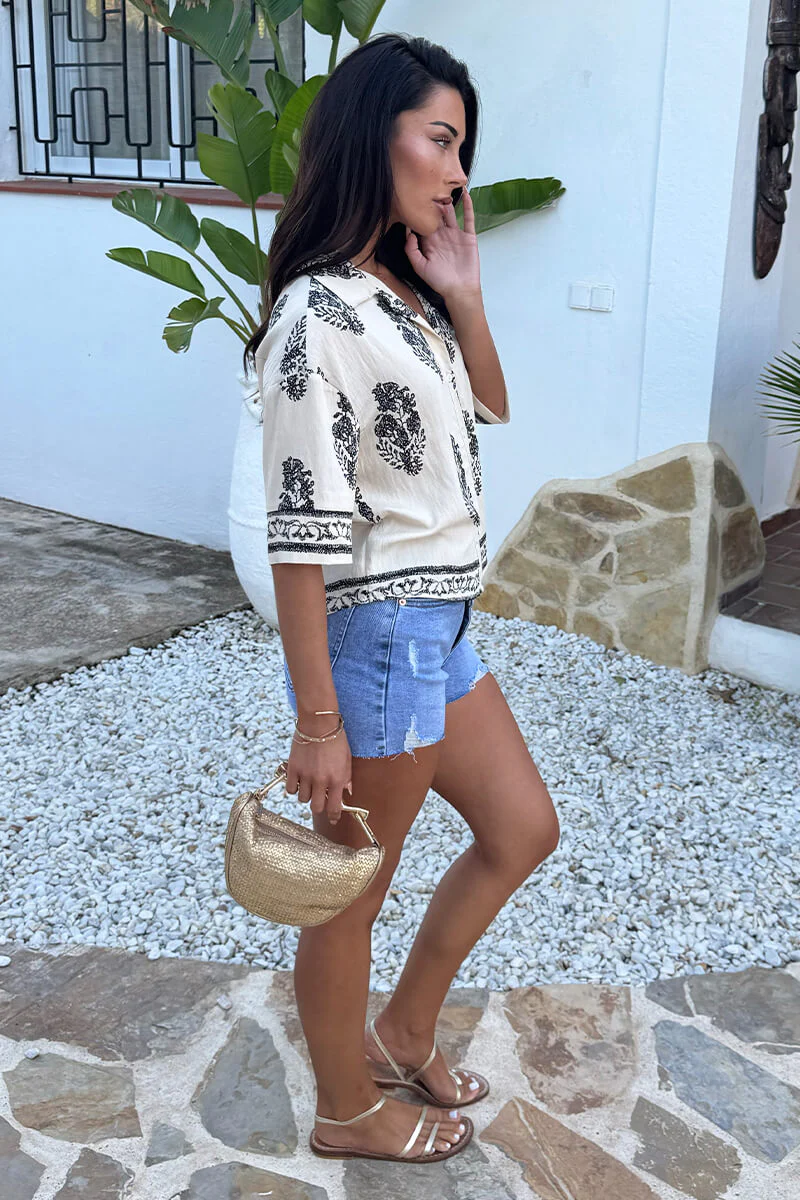 Cream Border Print Short Sleeve Boxy Shirt - Image 4