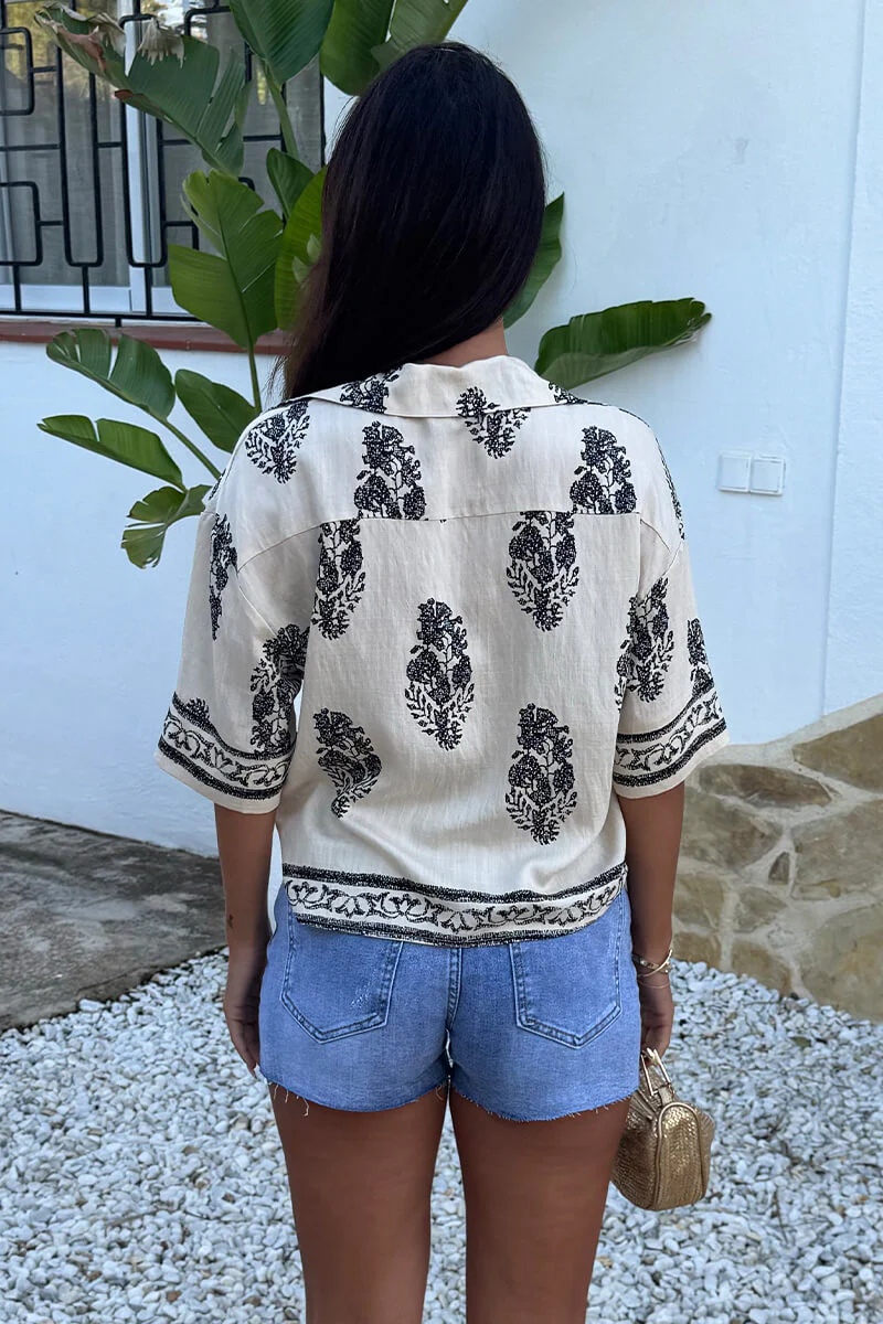 Cream Border Print Short Sleeve Boxy Shirt - Image 5