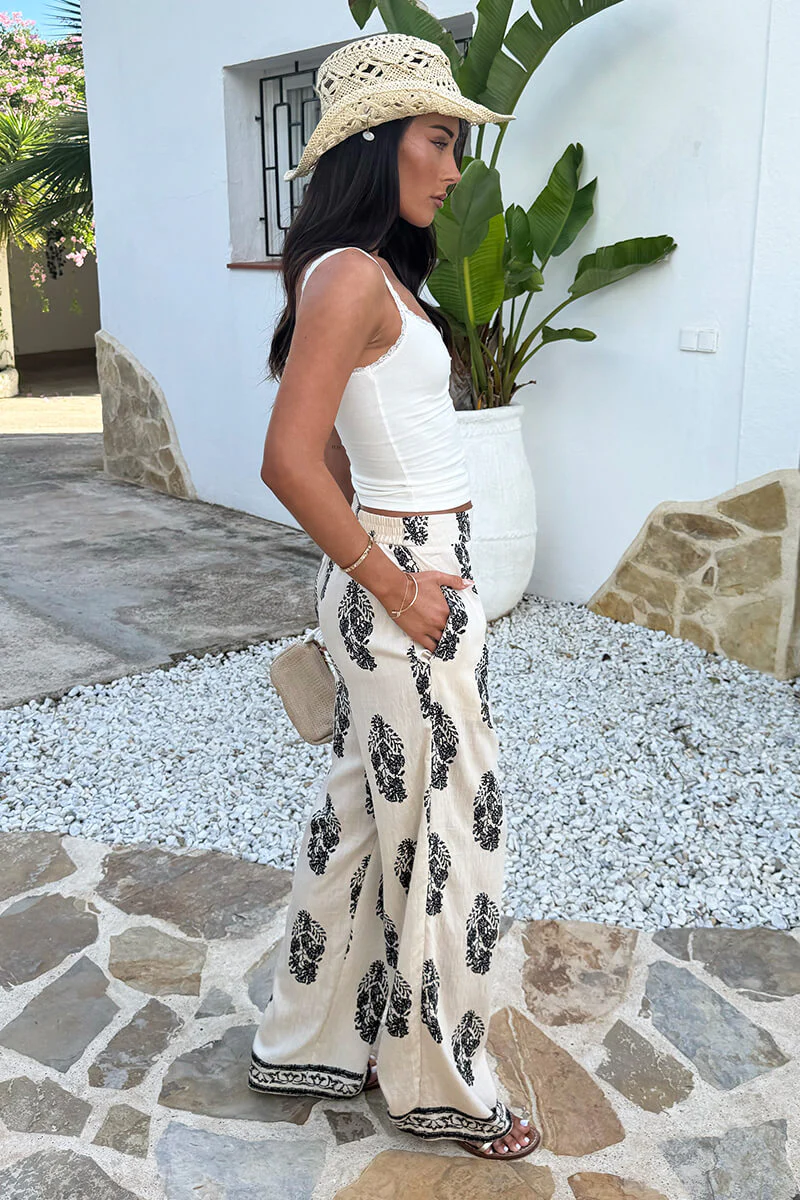 Cream Border Print Wide Leg Trousers - Image 4