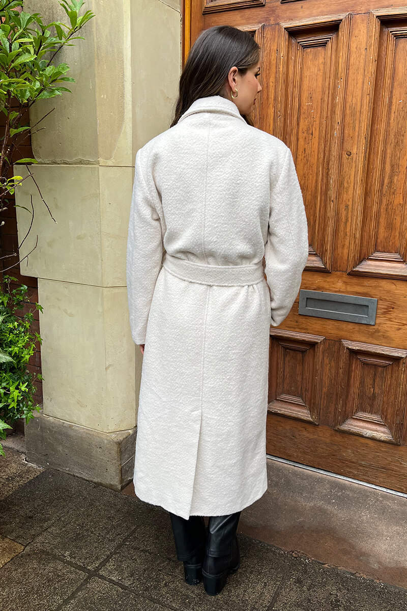 Cream Boucle Tie Belt Longline Trench Coat - Image 5