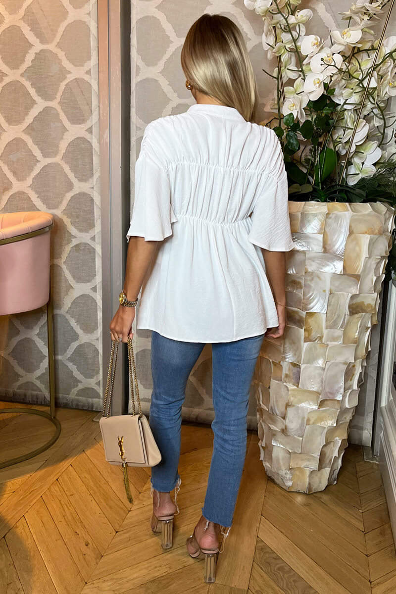 Cream Button Up Ruched Detail Smock V-Neck Top - Image 6