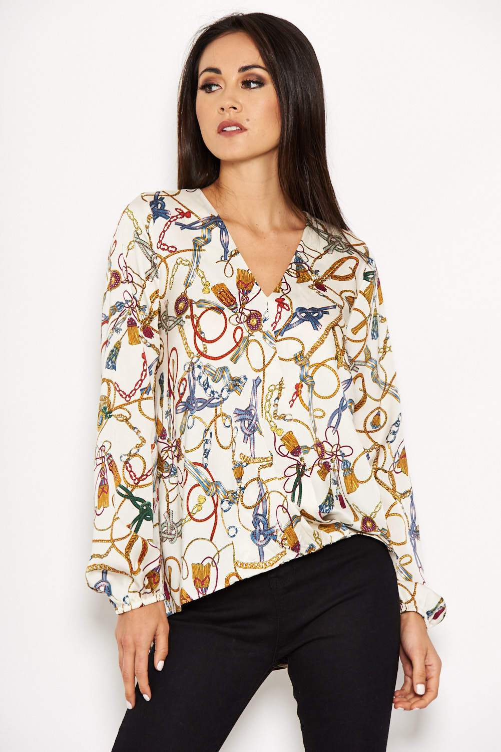Cream Chain Print Wrap Top - Image 2