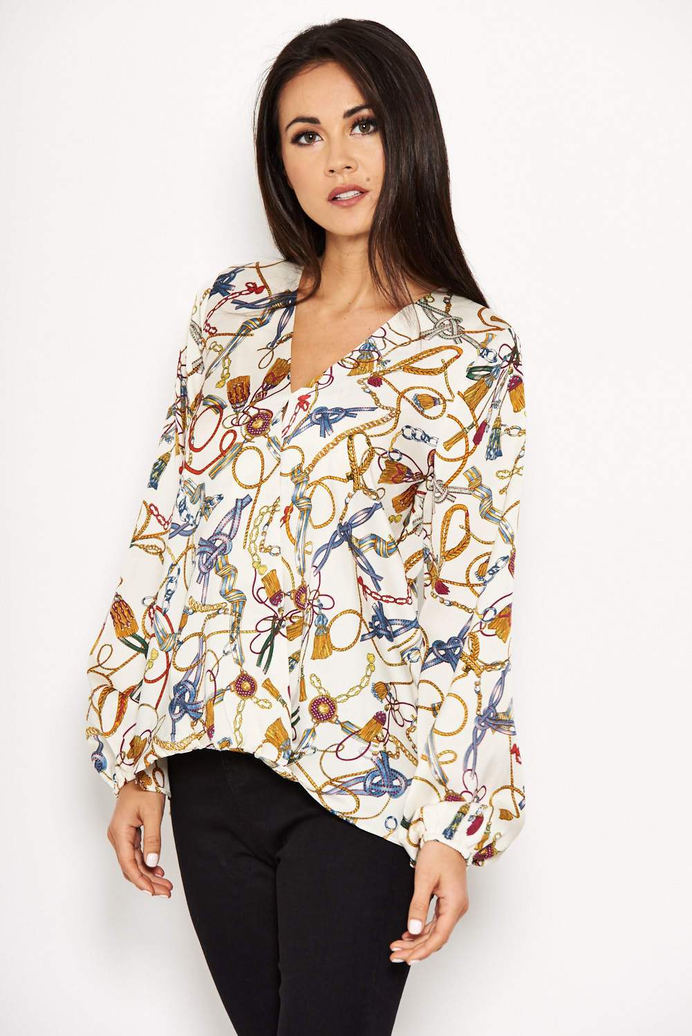 Cream Chain Print Wrap Top - Image 5