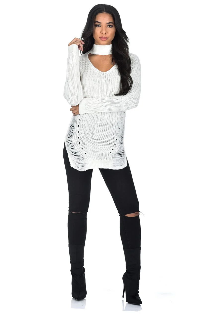 Cream Choker Ladder Cable Knit Jumper - Image 2