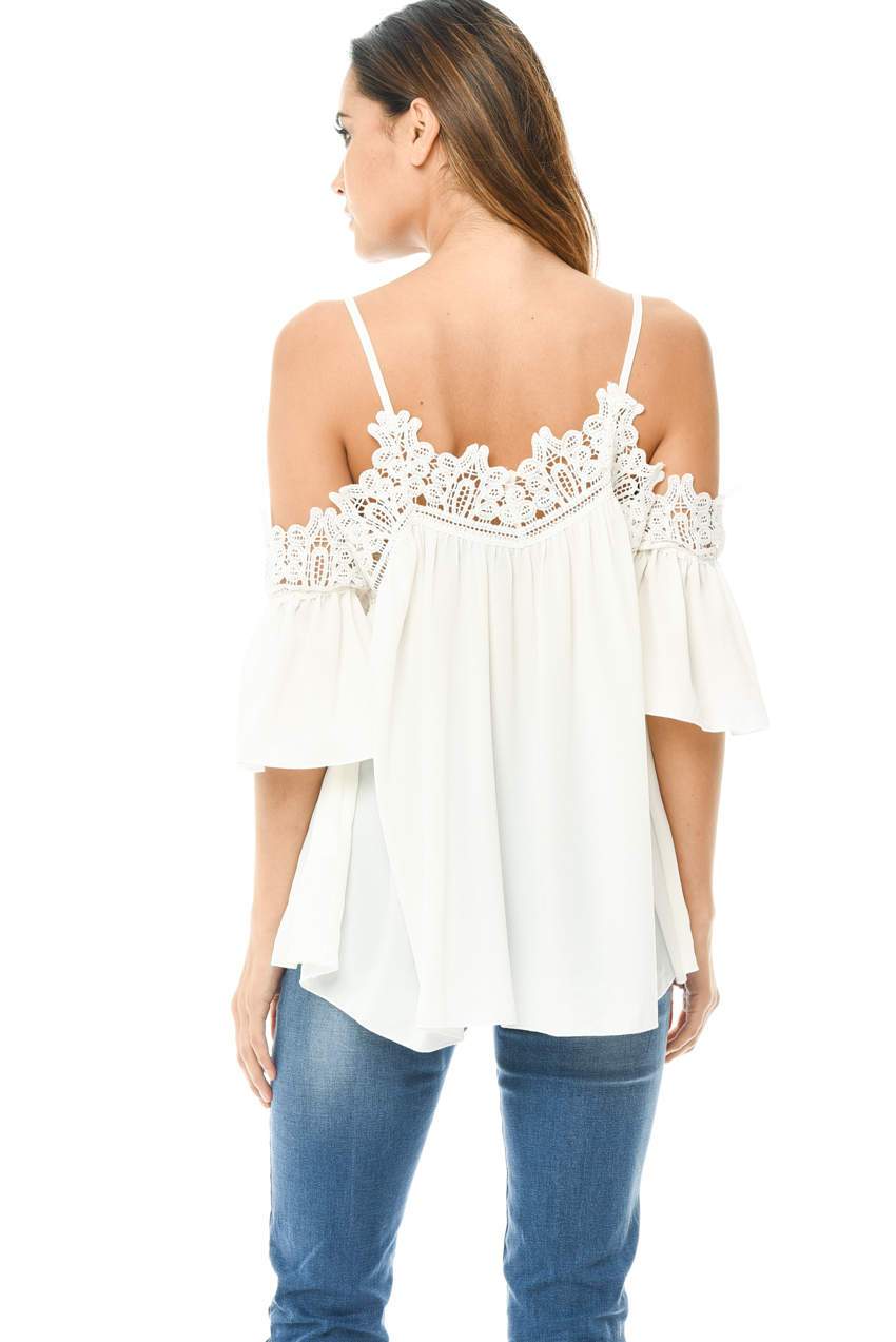 Cream Crochet Trim Cold Shoulder Top - Image 3