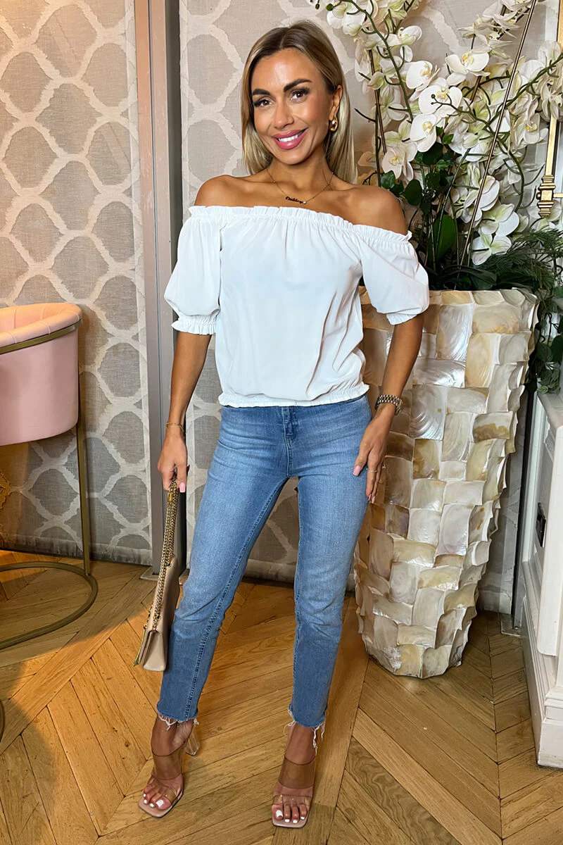 Cream Elasticated Off The Shoulder Frill Detail Top - Image 4
