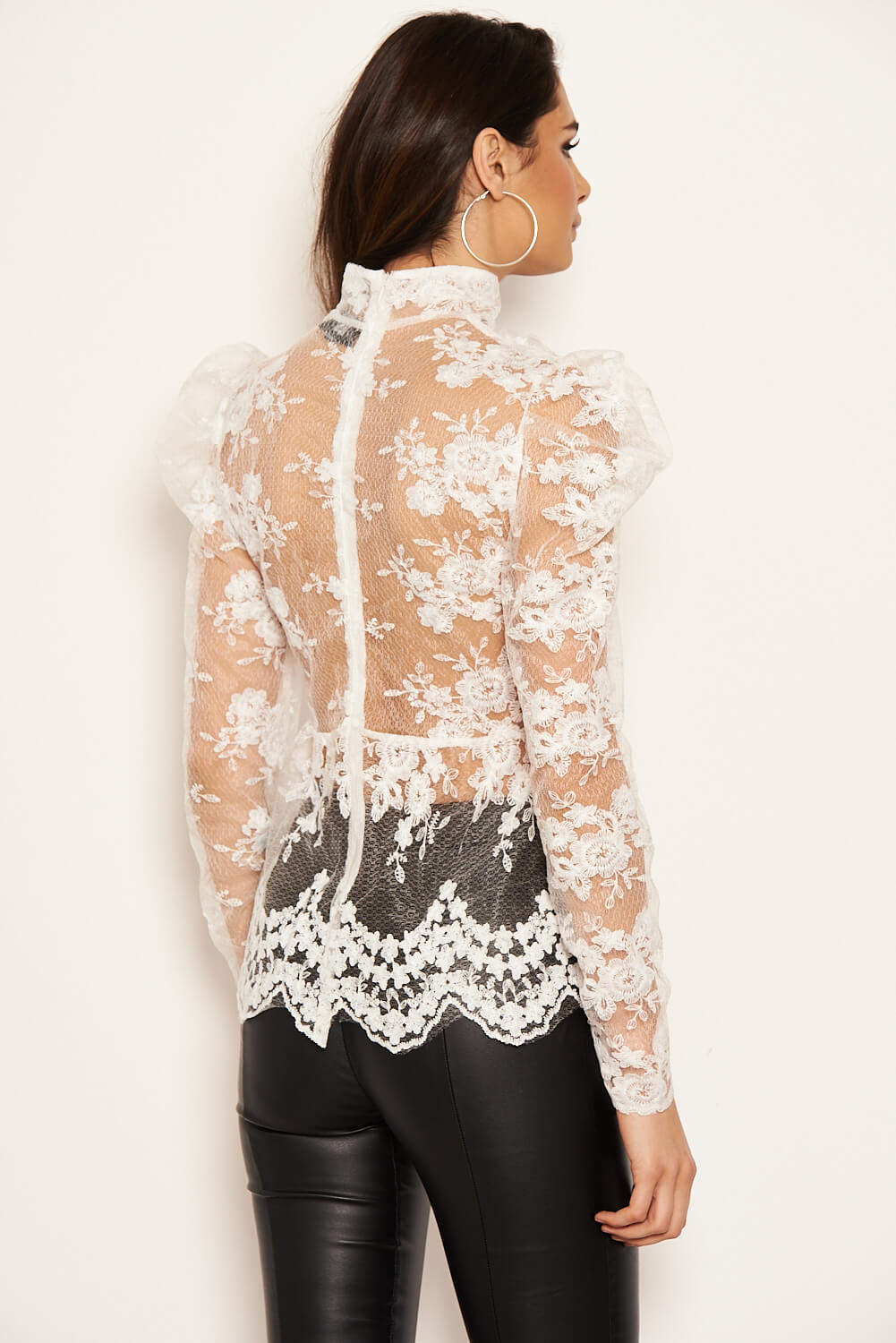 Cream Embroidered Sheer Puff Sleeve Top - Image 5