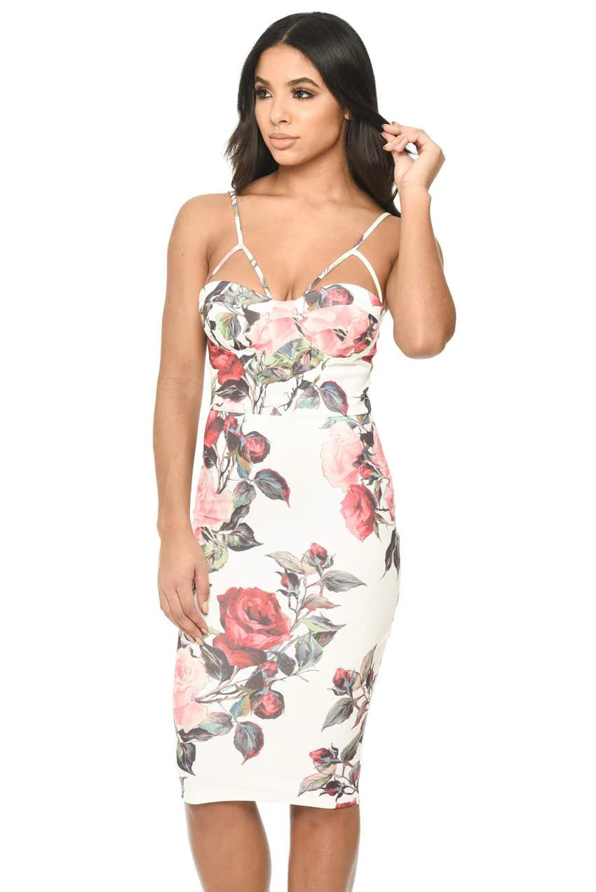 Cream Floral Bodycon Dress With Harness Detail - Image 2