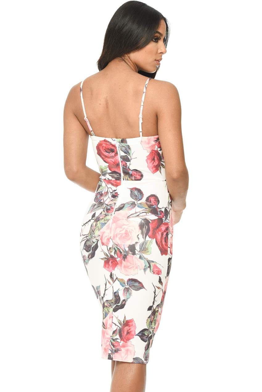 Cream Floral Bodycon Dress With Harness Detail - Image 4