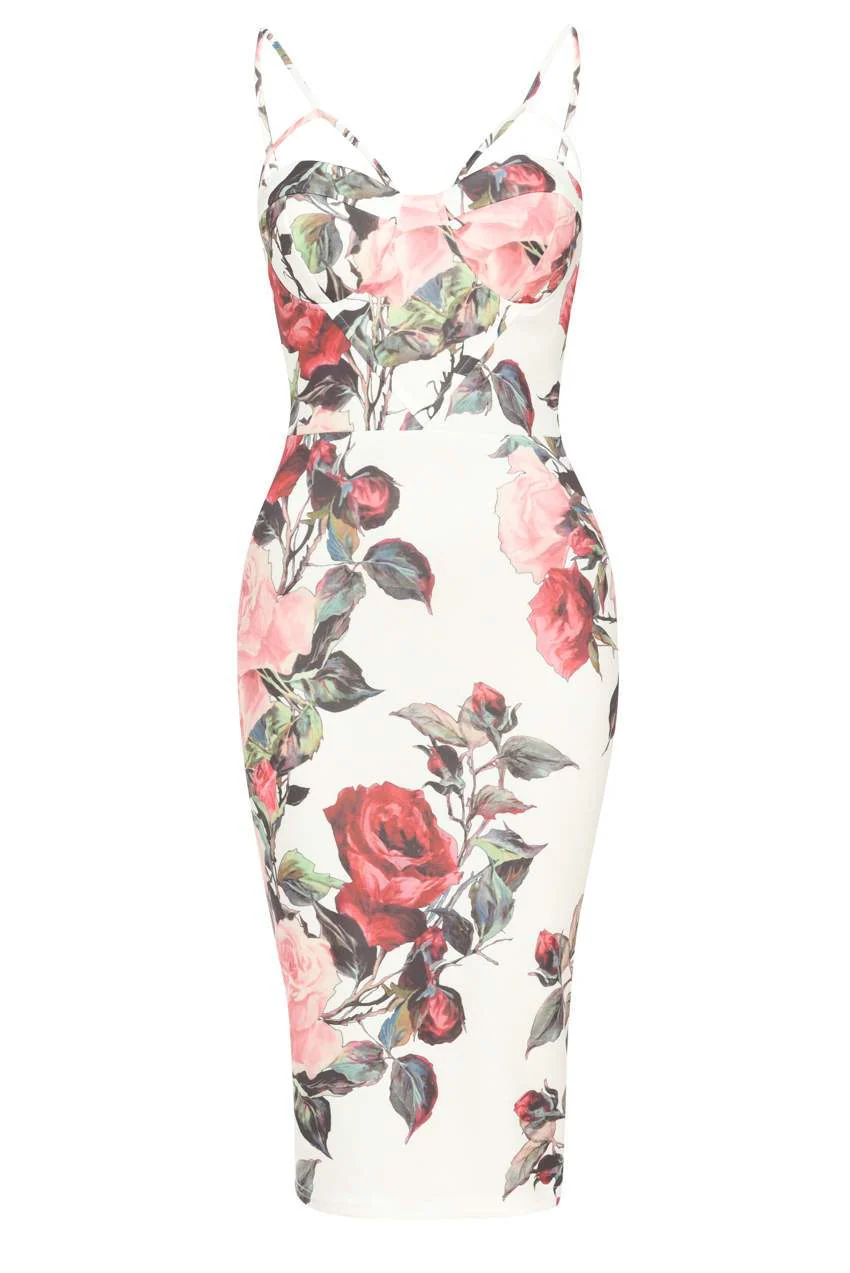 Cream Floral Bodycon Dress With Harness Detail - Image 5