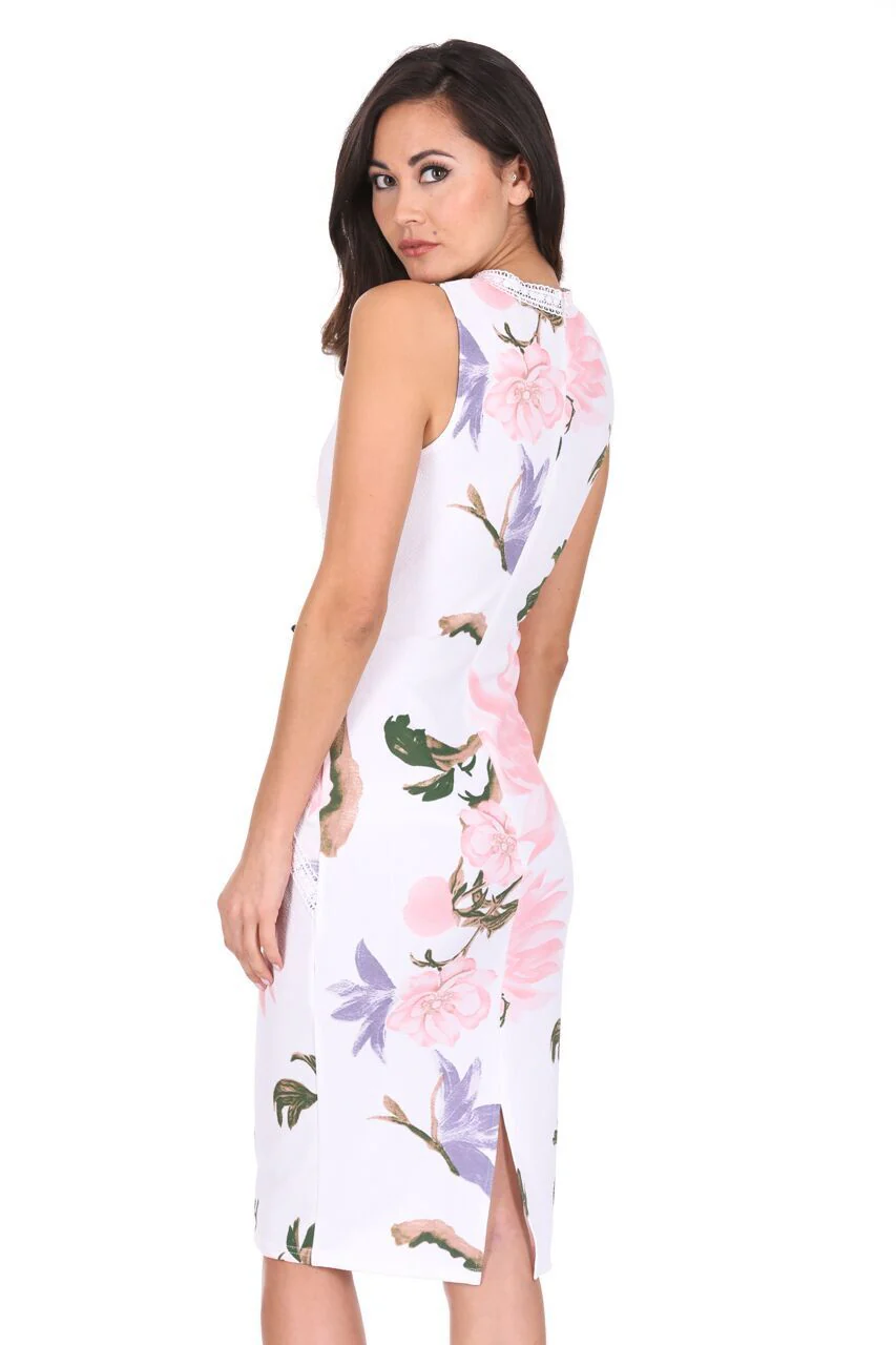 Cream Floral Crochet Detail Midi Dress - Image 3