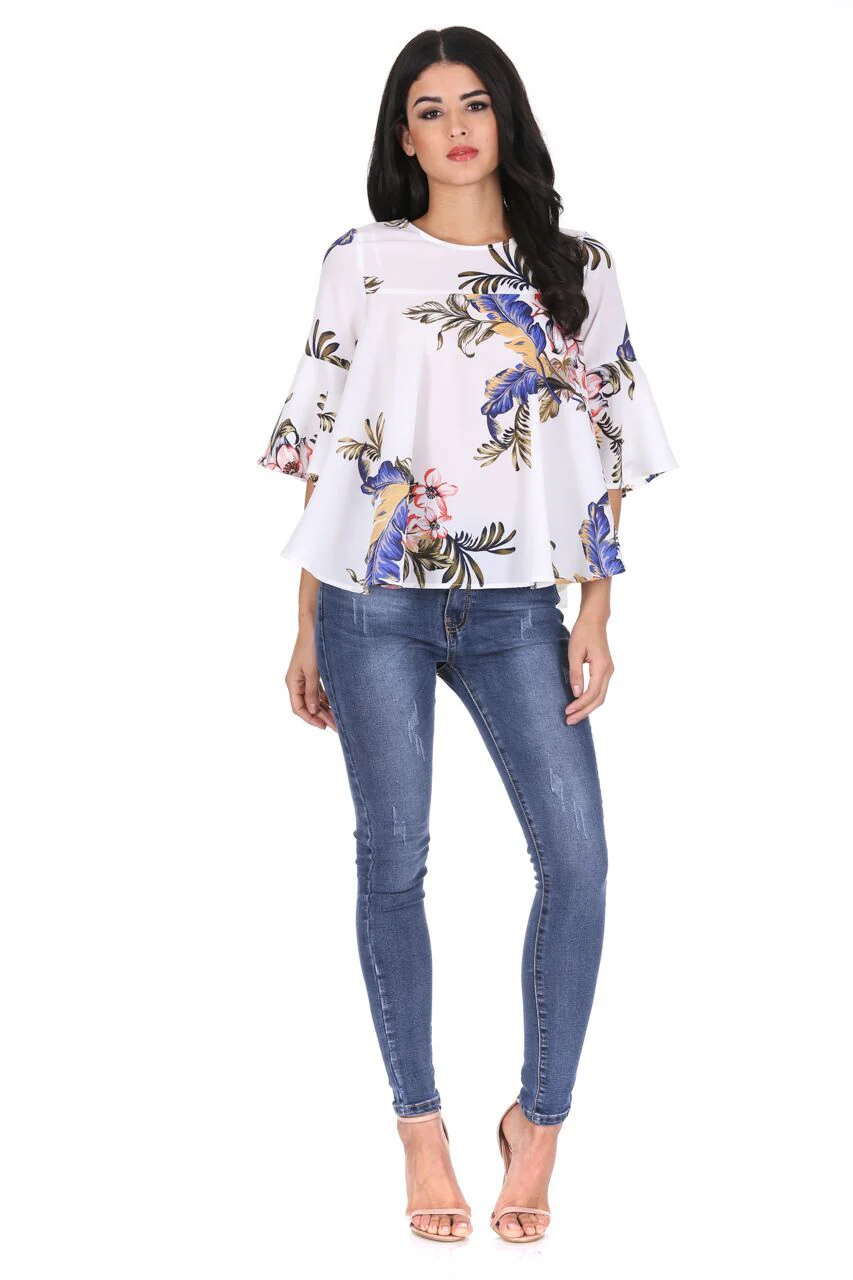 Cream Floral Flared Sleeves Top - Image 2
