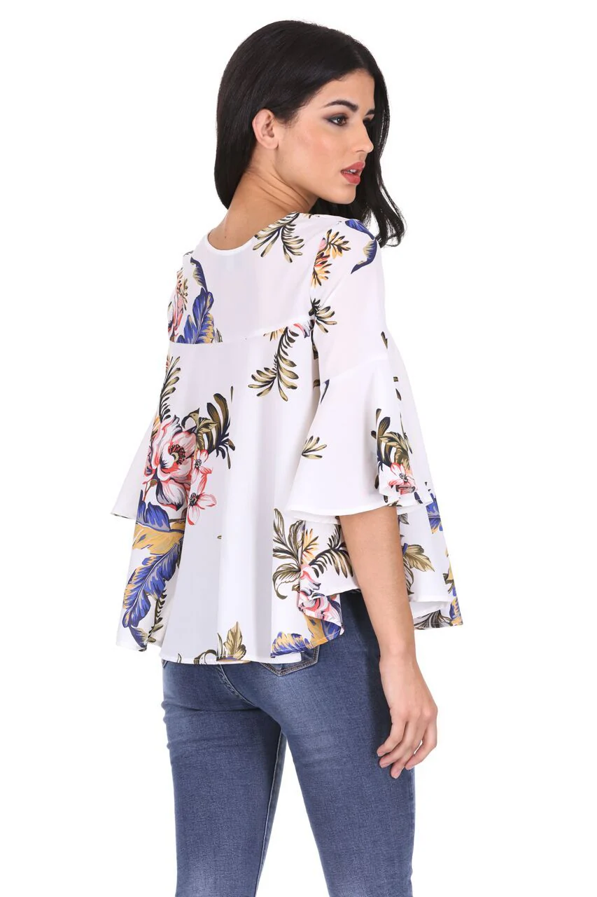 Cream Floral Flared Sleeves Top - Image 3