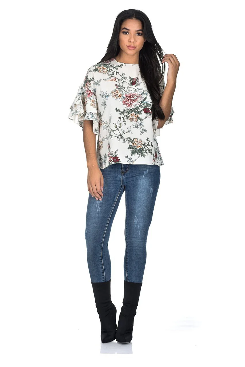 Cream Floral Frill Sleeve Top - Image 2