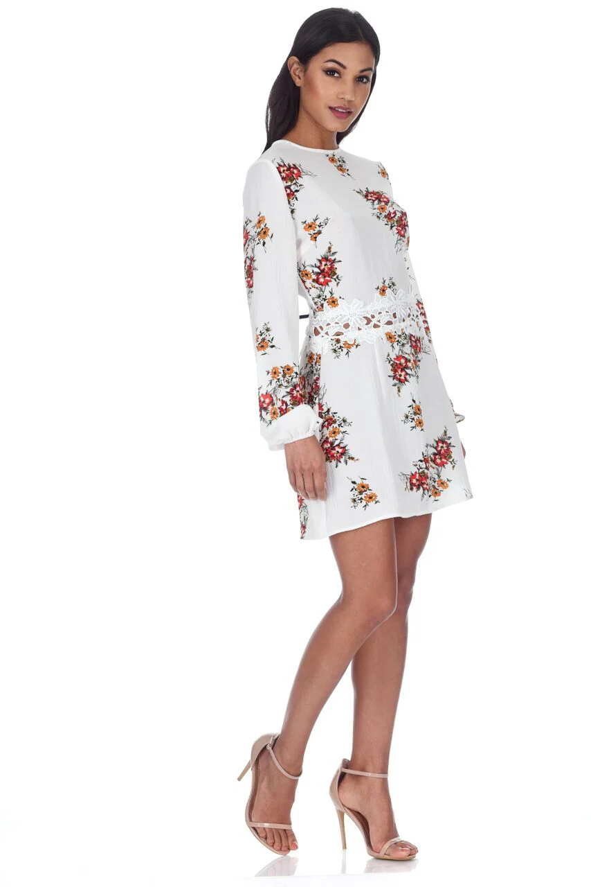 Cream Floral Long Sleeves With Crochet Detailing Waistband Dress - Image 2