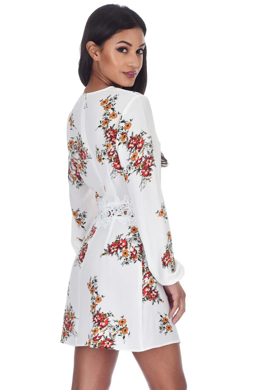 Cream Floral Long Sleeves With Crochet Detailing Waistband Dress - Image 3