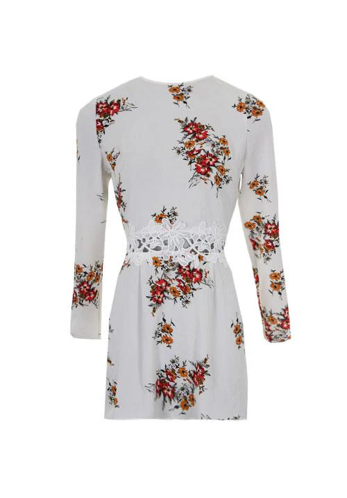 Cream Floral Long Sleeves With Crochet Detailing Waistband Dress - Image 4