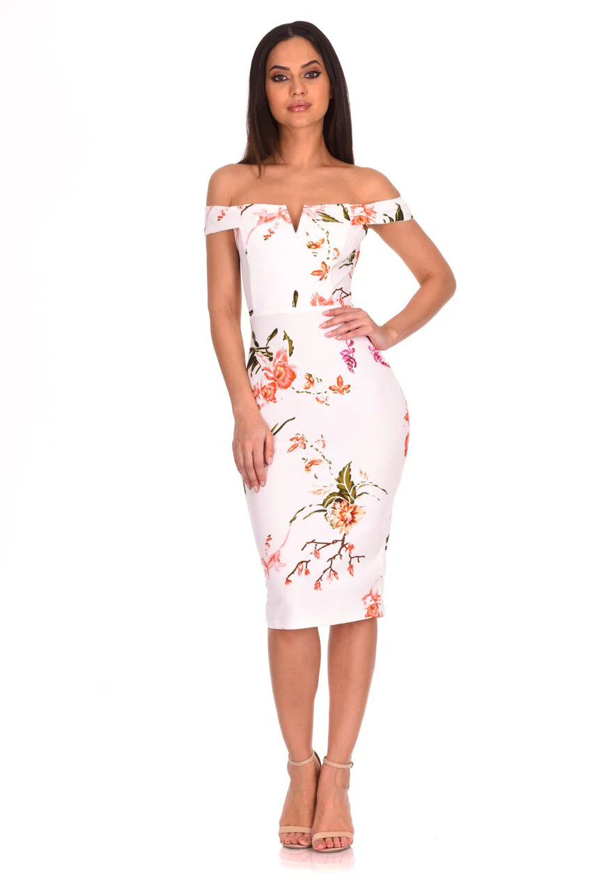 Cream Floral Notch Front Midi Dress - Image 2