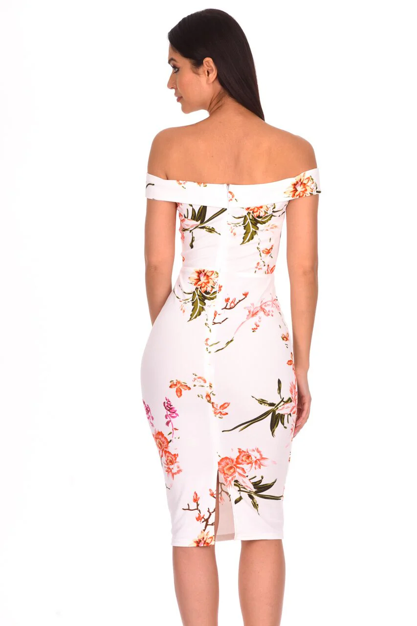 Cream Floral Notch Front Midi Dress - Image 3