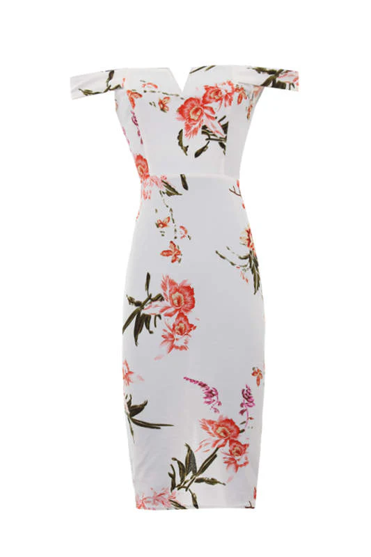 Cream Floral Notch Front Midi Dress - Image 4