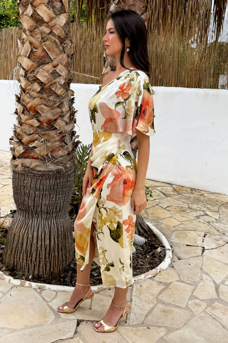 Cream Floral Print One Sleeve Wrap Skirt Midi Dress - Image 4