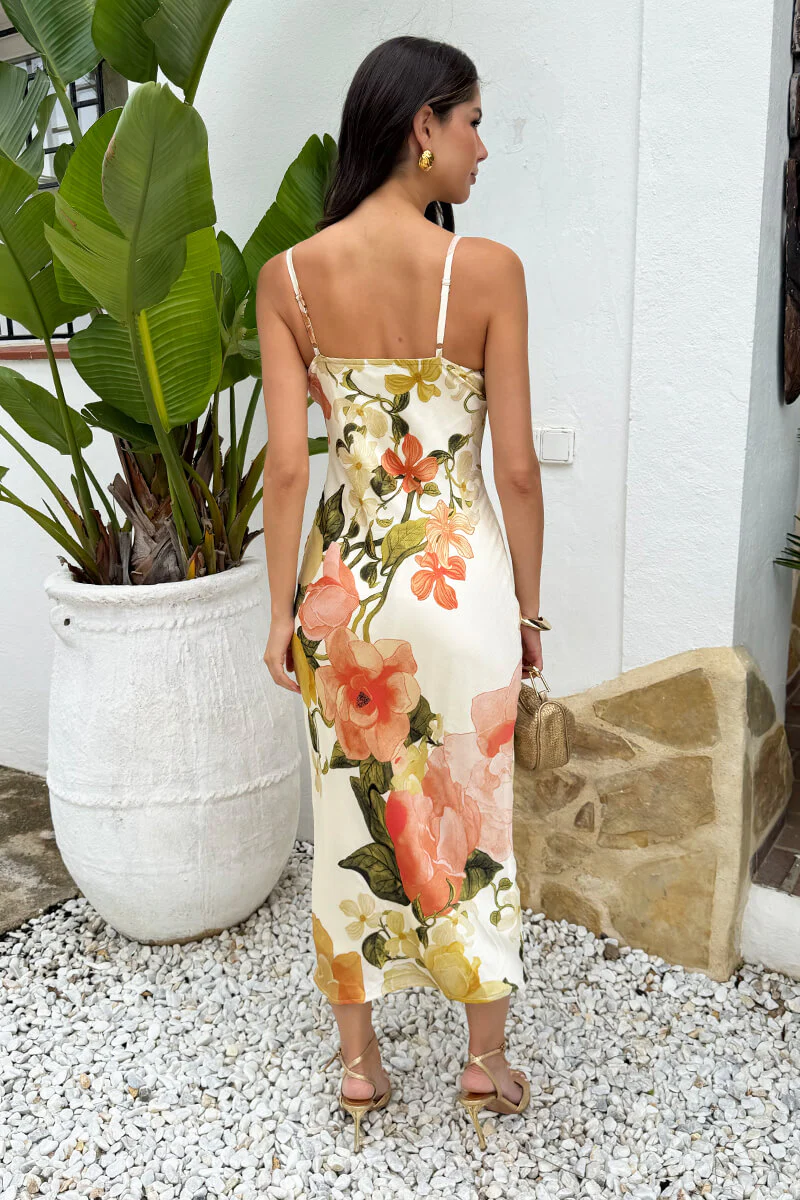Cream Floral Print Strappy Cowl Neck Slip Midi Dress - Image 5