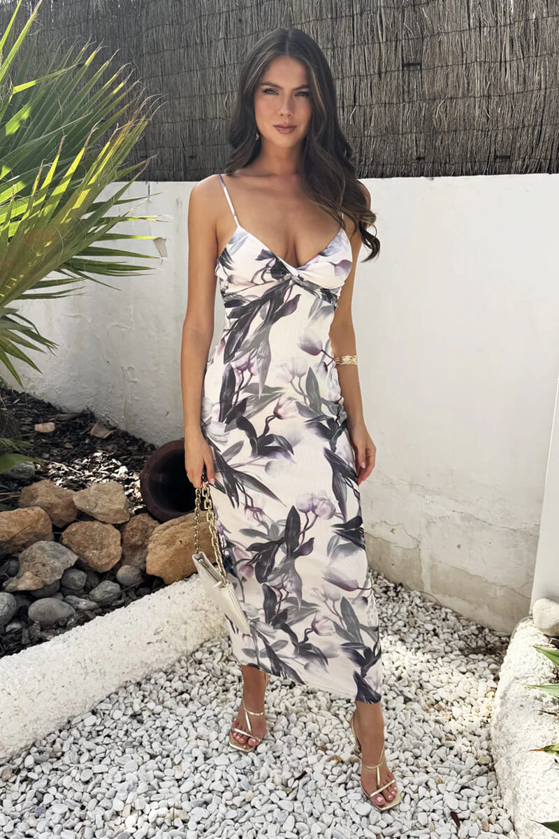 Cream Floral Print Strappy Knot Detail Mesh Midi Dress - Image 2