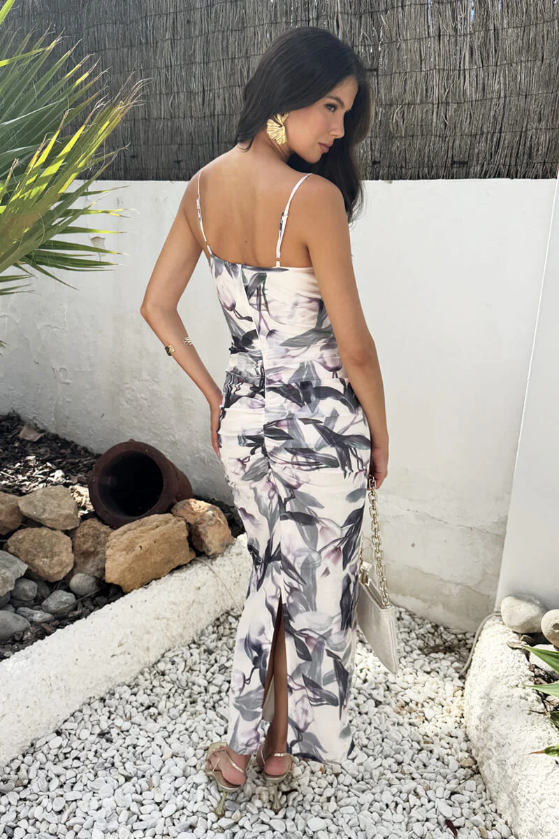 Cream Floral Print Strappy Knot Detail Mesh Midi Dress - Image 5