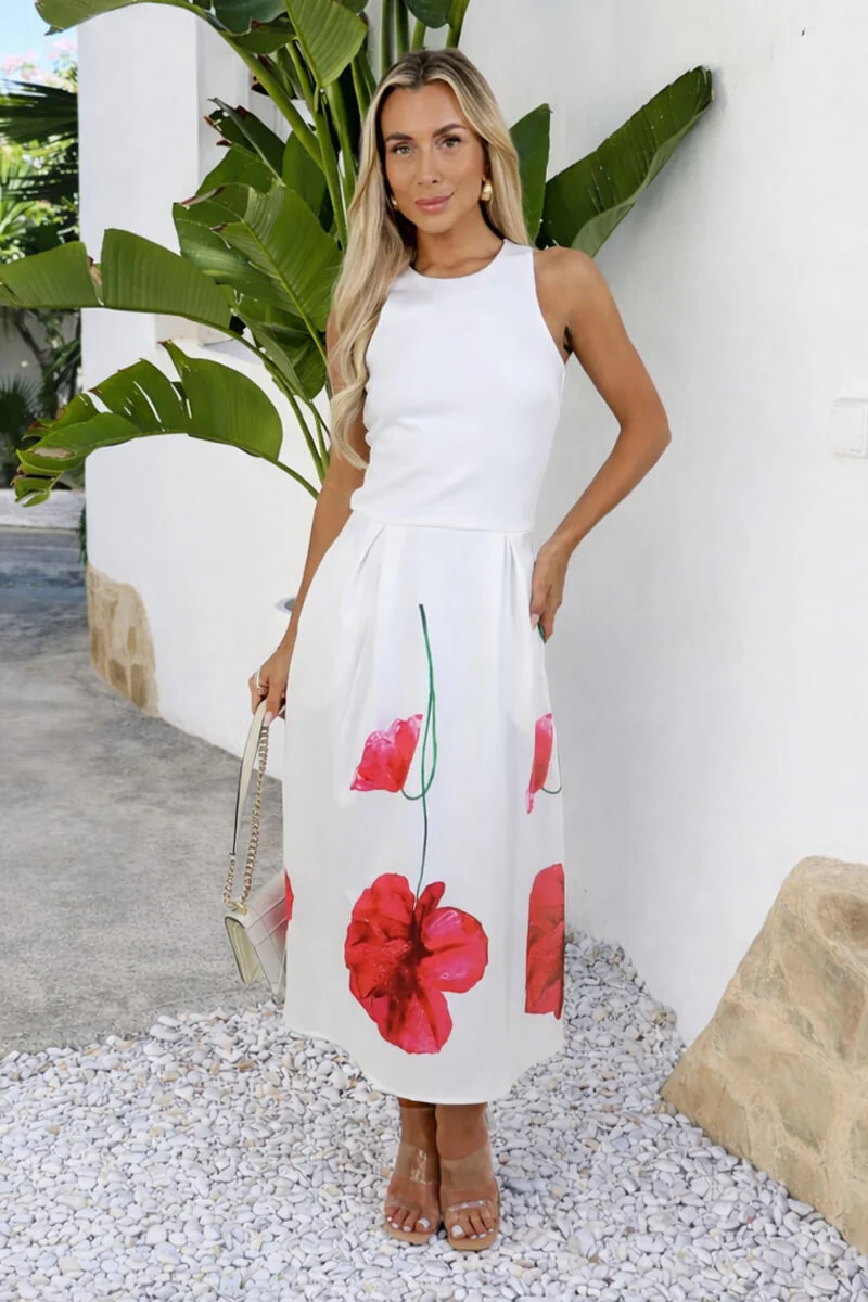 Cream Floral Printed Skirt Racer Neck A-Line Midi Dress - Image 3