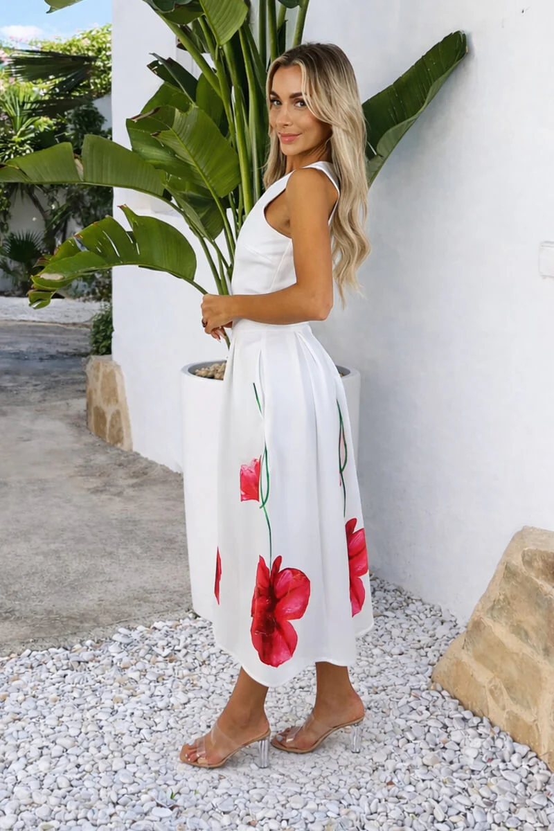 Cream Floral Printed Skirt Racer Neck A-Line Midi Dress - Image 4