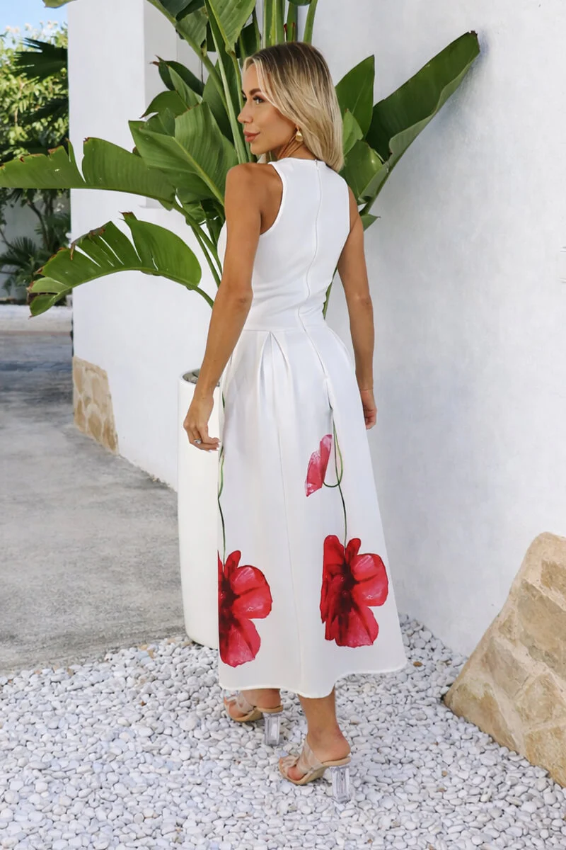Cream Floral Printed Skirt Racer Neck A-Line Midi Dress - Image 5