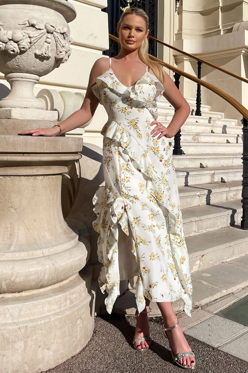 Cream Floral Printed Strappy Frill Hem Midi Dress - Image 2