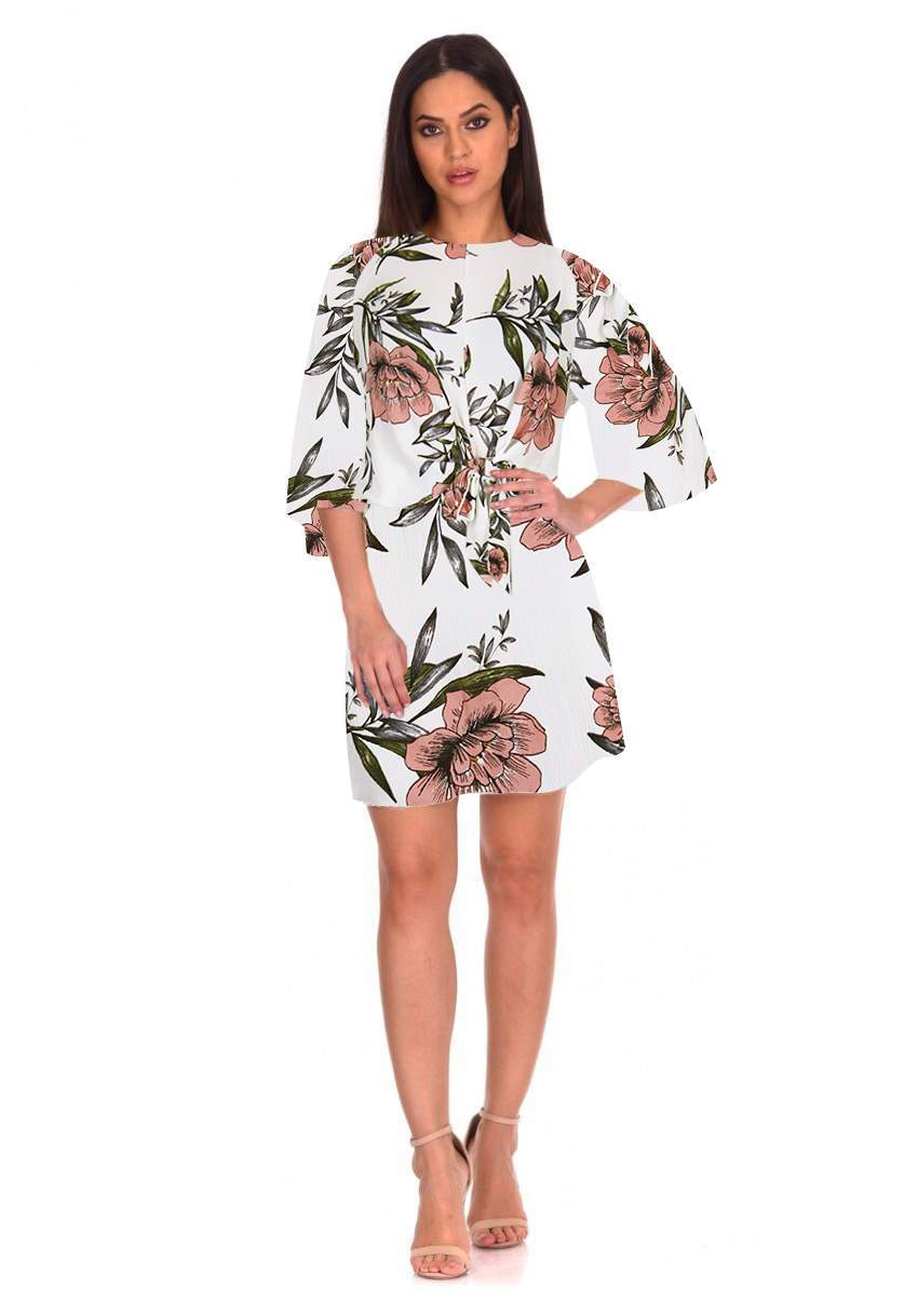 Cream Floral Printed Tie Front Dress - Image 2