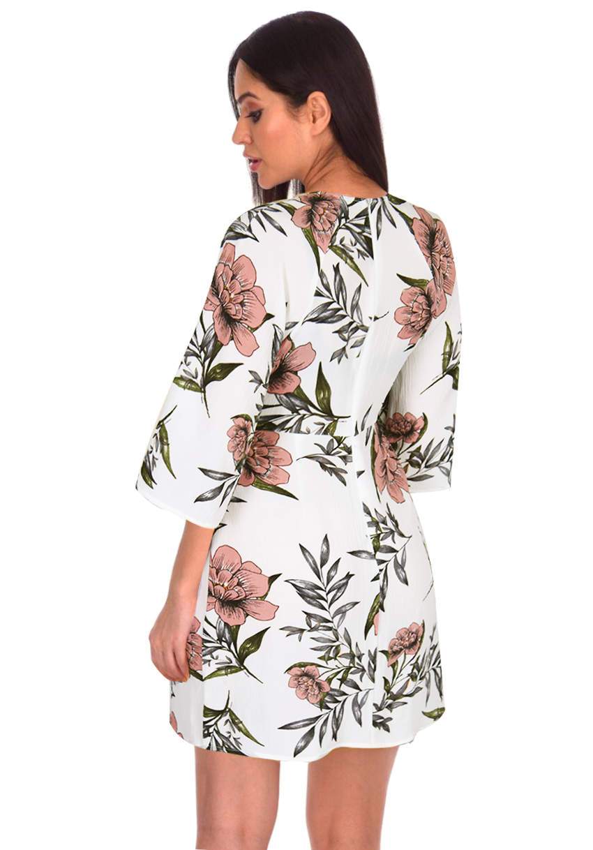 Cream Floral Printed Tie Front Dress - Image 3