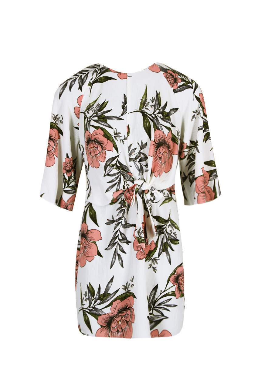 Cream Floral Printed Tie Front Dress - Image 4