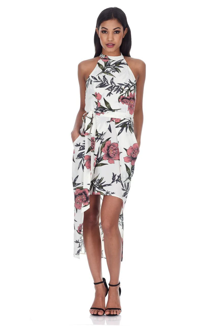 Cream Floral Wrap Over Skirt Dress - Image 2