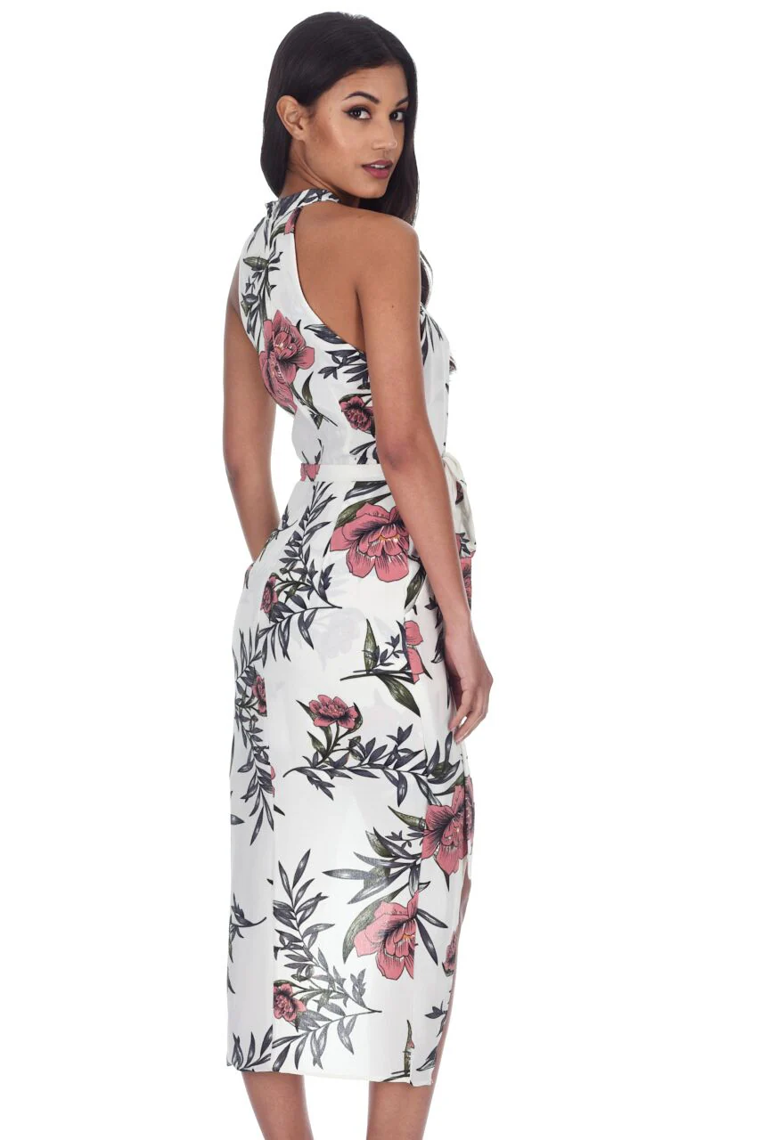 Cream Floral Wrap Over Skirt Dress - Image 3