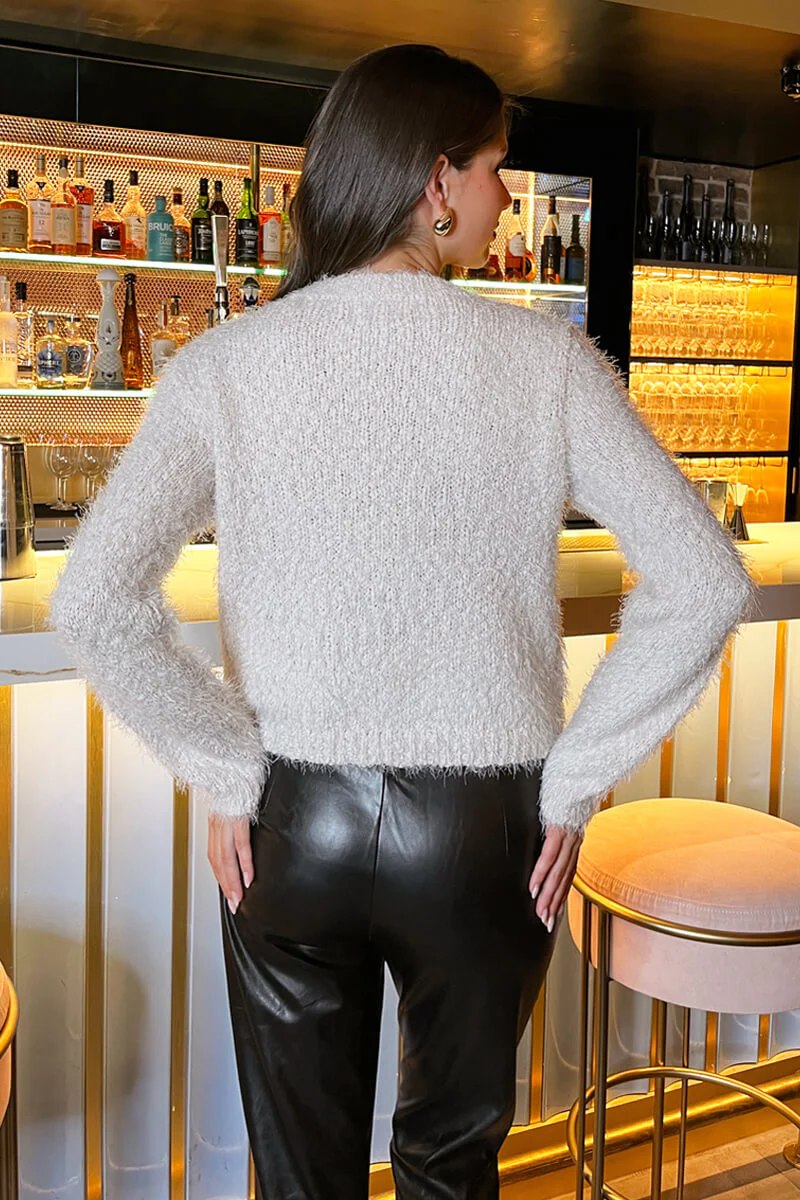 Cream Fluffy Knit Gold Button Cardigan - Image 4