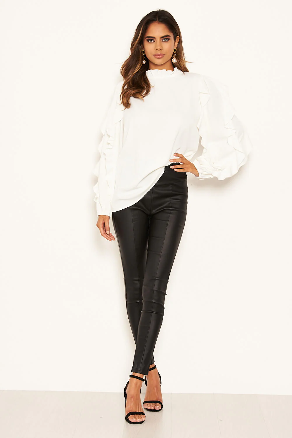 Cream Frilled Sleeve High Neck Top - Image 3