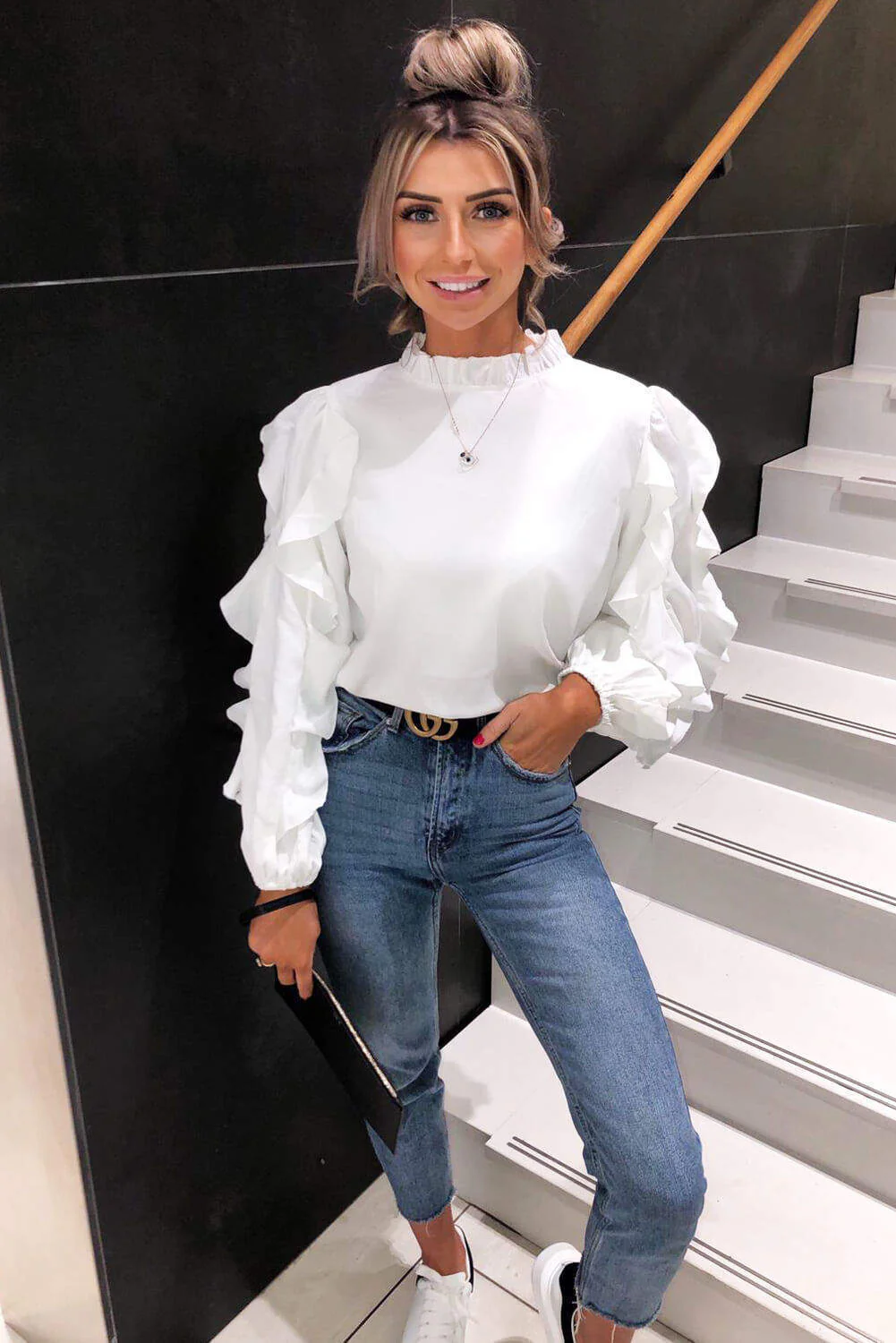 Cream Frilled Sleeve High Neck Top - Image 5