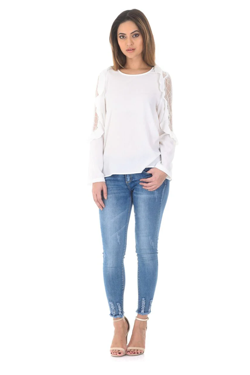 Cream Lace Arm Top With Stepped Hem And Frill Detail - Image 2
