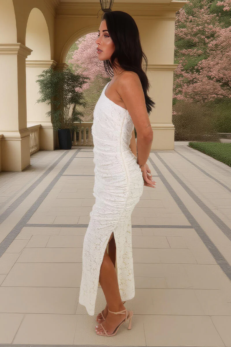 Cream Lace One Shoulder Ruched Skirt Midi Dress - Image 4