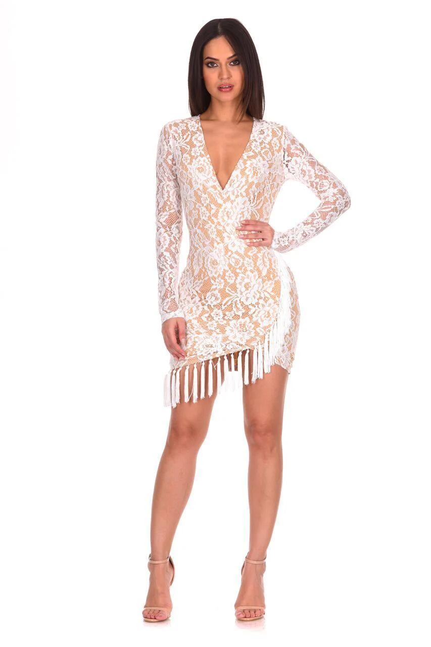 Cream Lace Sleeved Bodycon Dress - Image 2