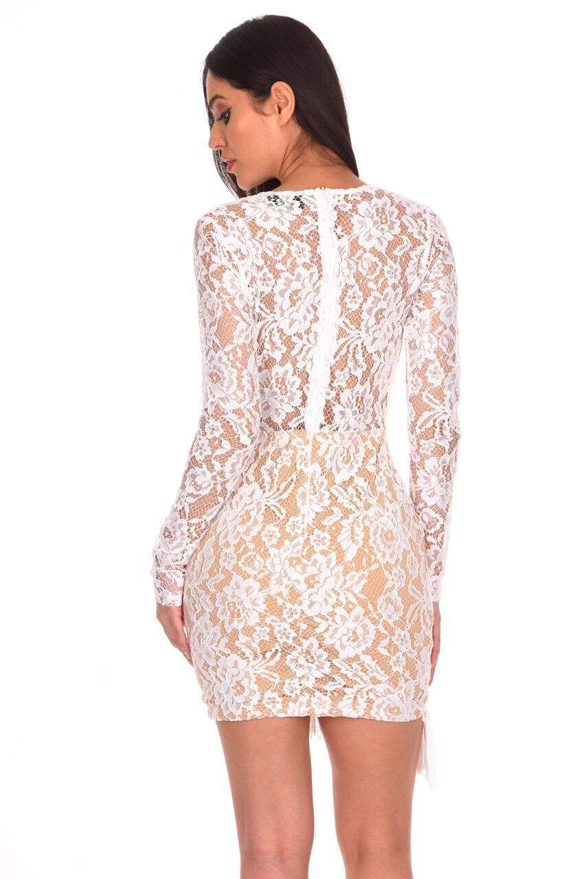 Cream Lace Sleeved Bodycon Dress - Image 3