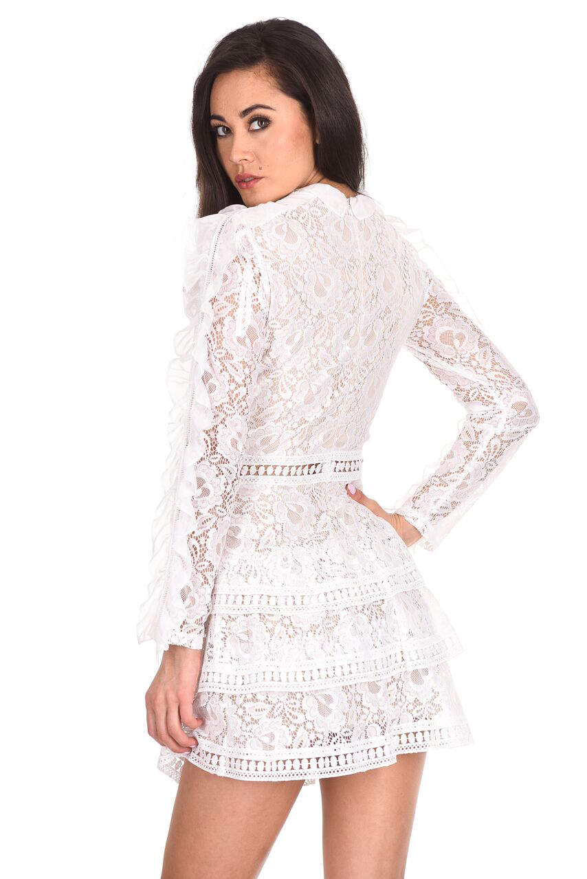Cream Lace Tiered Mini Dress - Image 3