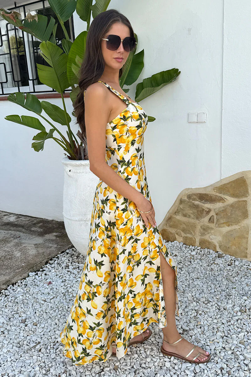 Cream Lemon Print Shirred Straps Button Detail Midi Dress - Image 4