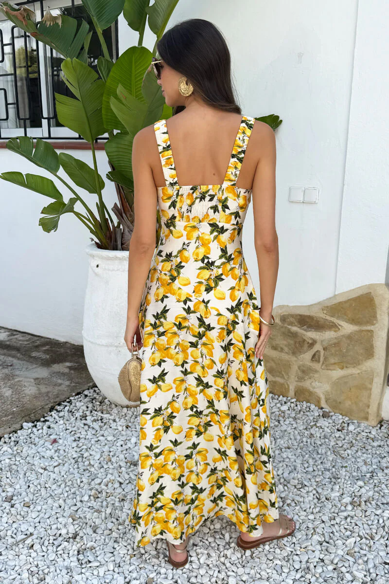 Cream Lemon Print Shirred Straps Button Detail Midi Dress - Image 5