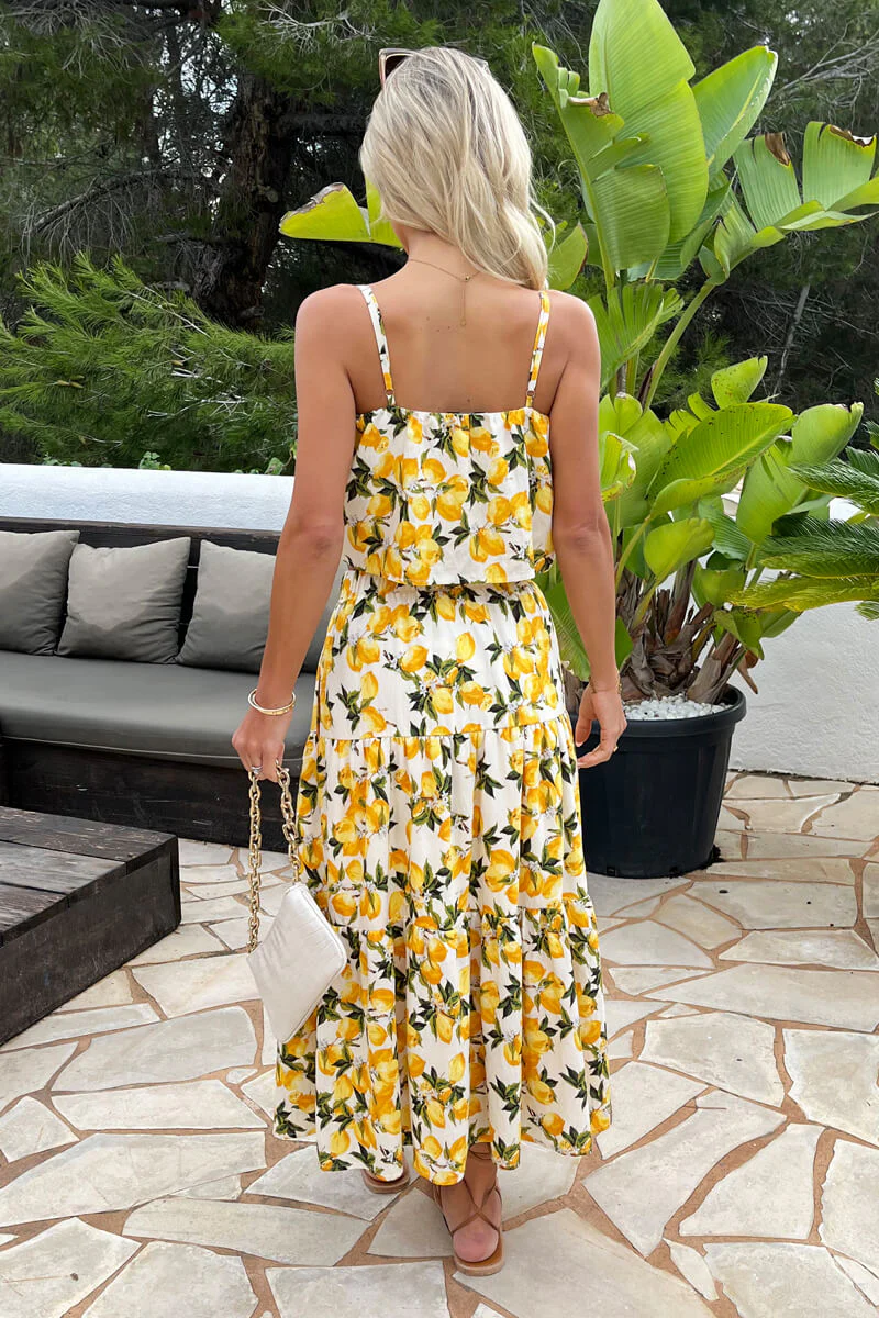 Cream Lemon Print Tiered Midi Skirt - Image 5