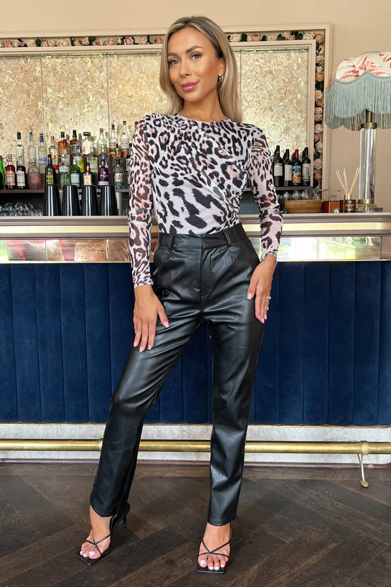 Cream Leopard Print Long Sleeve Draped Mesh Bodysuit - Image 2